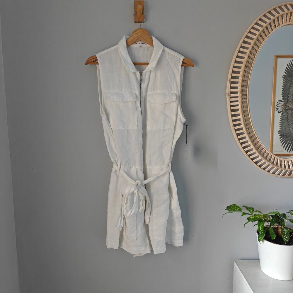 Bella Dahl White 100% Linen Zip Front Tie Waist Utility Romper M NWT